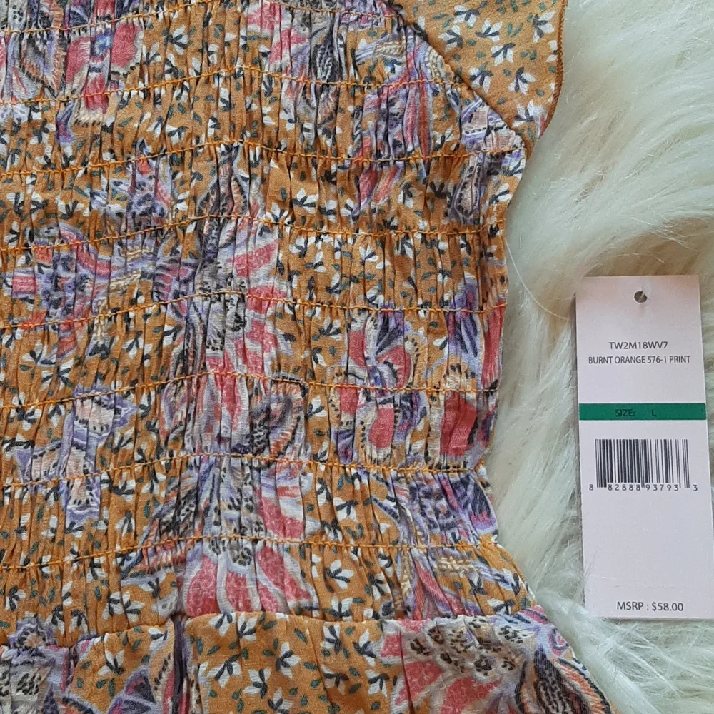 Nanette Lepore Burnt Orange Floral Print Ruched Ruffle Bottom Top, Large, NWT - Picture 2 of 12